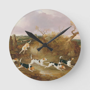 Beagles in Full Cry, 1845 (oil on canvas) Round Clock