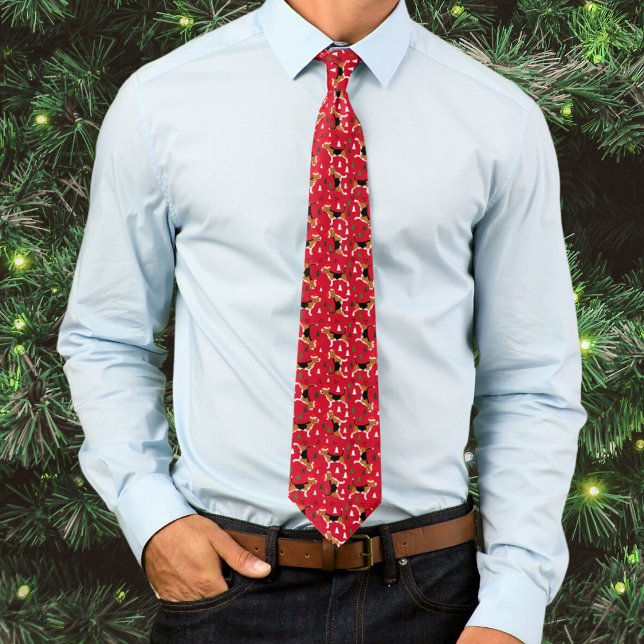 Beagles in Santa Hats Christmas Holiday Red Tie (Beagles in Santa Hats Christmas Holiday Neck Tie in Red)