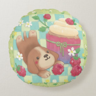 Beagle's Picnic Day with Raspberry Cupcake Round Cushion