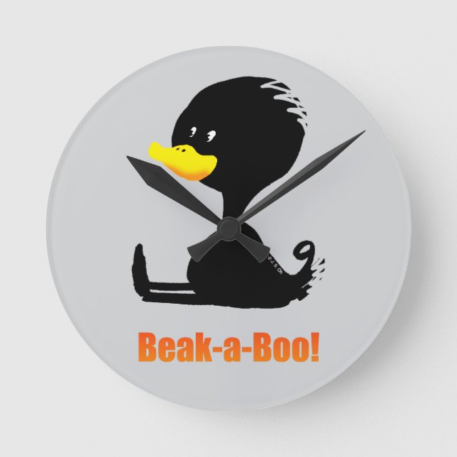 Beak-a-Boo! Cute Cartoon Duck with Funny Pun Round Clock (Front)