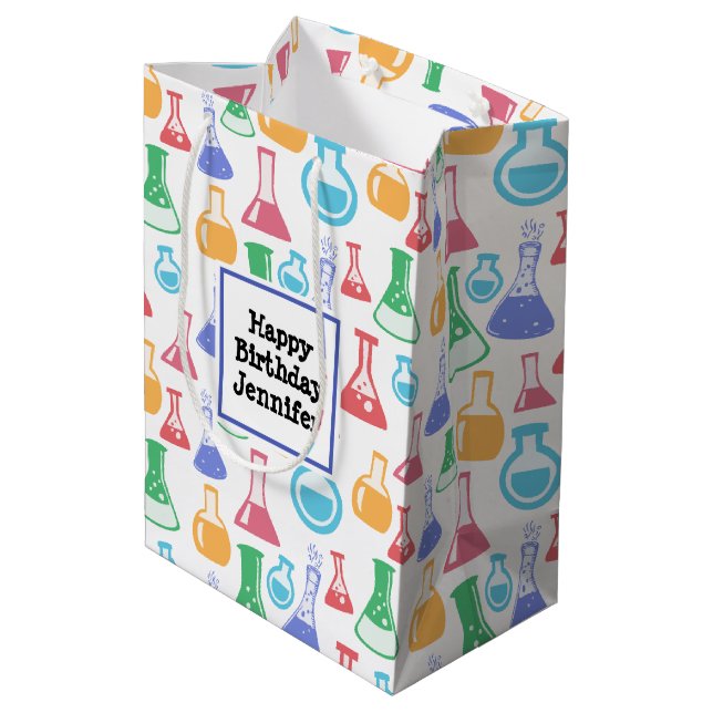 Beakers and Flasks Fun Science Pattern Birthday Medium Gift Bag (Back Angled)