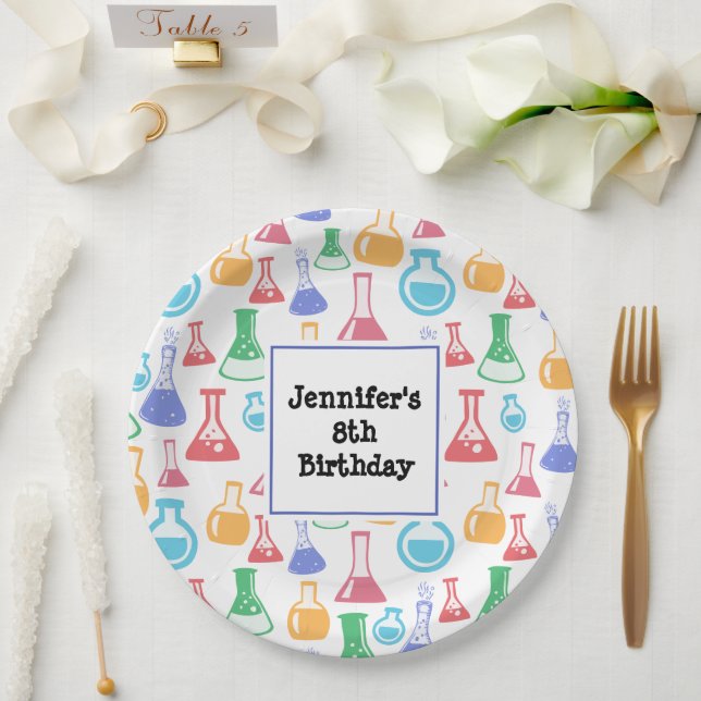 Beakers and Flasks Fun Science Pattern Birthday Paper Plate (Wedding)