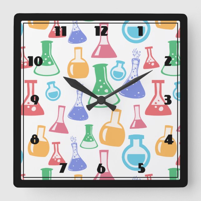 Beakers and Flasks Fun Science Pattern Square Wall Clock (Front)