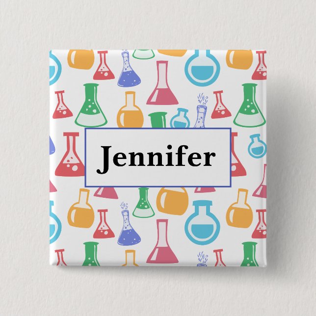 Beakers and Flasks Fun Science Pattern with a Name 15 Cm Square Badge (Front)