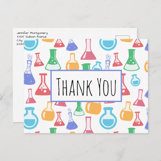 Beakers and Flasks Science Pattern Thank You Postcard (Front/Back)