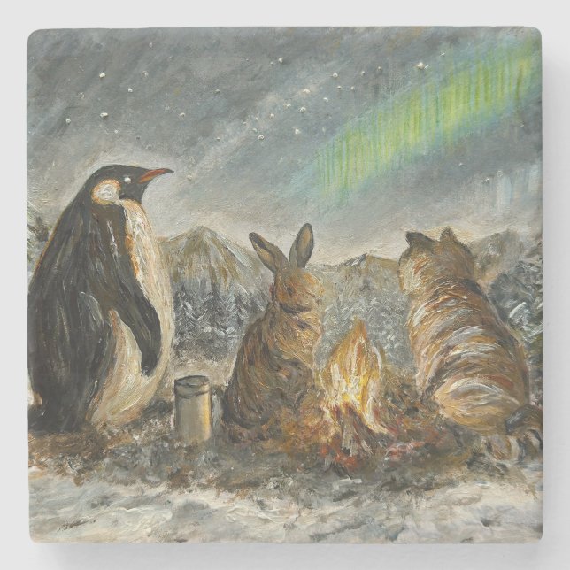 Beam Lingering Whimsical Aurora Animals Painting Stone Coaster (Front)