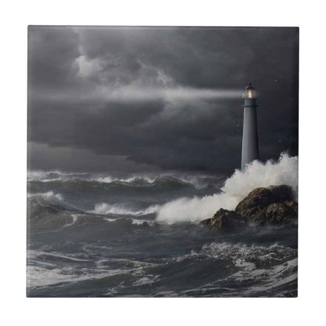 Beam of Light Shining into Stormy Ocean Ceramic Tile (Front)