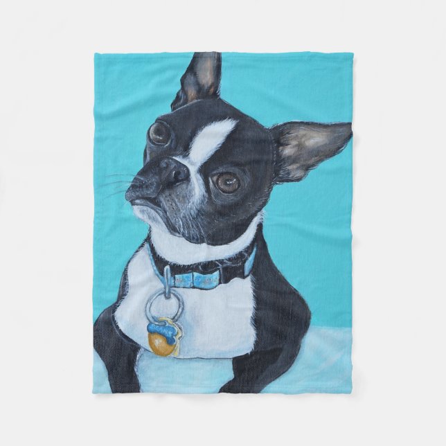 Beans the Boston Terrier Painting Fleece Blanket (Front)