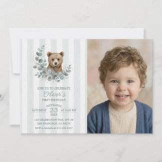 Bear 1st Birthday Botanical Greenery Photo Invitation