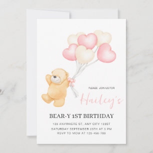 Bear 1st Birthday Invitation, Girl First Birthday  Invitation