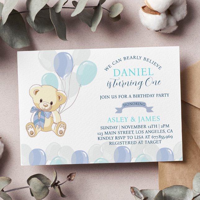Bear 1st Birthday Invitation Teddy Bear Balloon (Creator Uploaded)