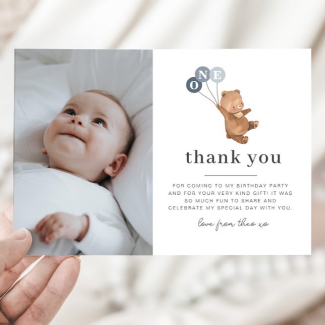 Bear 3 Blue Balloons Photo Thank You Card (Creator Uploaded)
