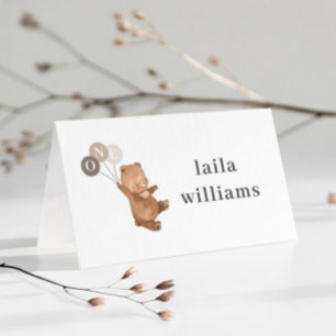 Bear 3 Brown Balloons - 1st Birthday  Place Card