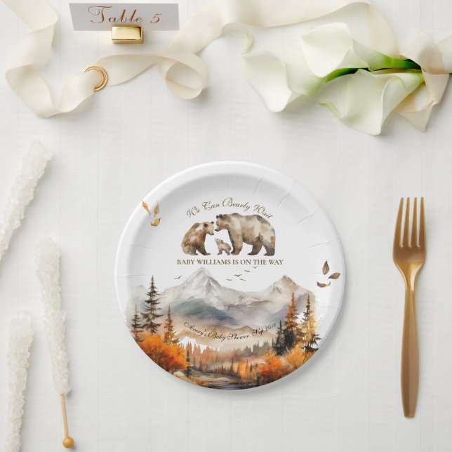 Bear Adventure Fall Mountain Neutral Baby Shower Paper Plate (Wedding)