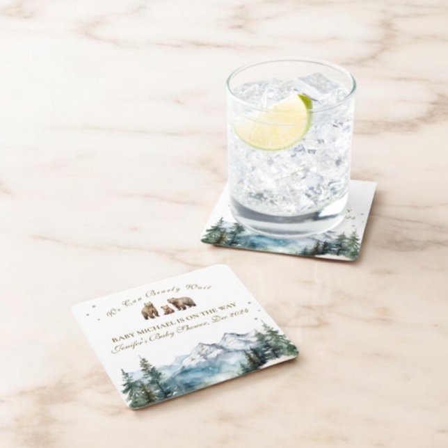 Bear Adventure Snowy Mountains   Baby Shower Square Paper Coaster (Creator Uploaded)