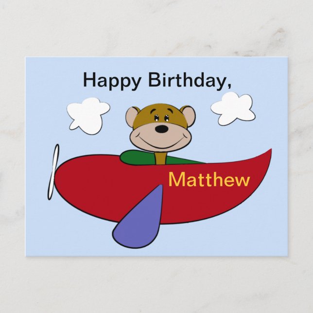 Bear Aeroplane Birthday Postcard (Front)