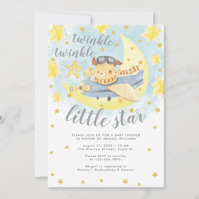 Bear Aeroplane Gold Twinkle Little Star Baby Showe Invitation (Front)