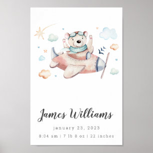 Bear Airplane Baby Birth Stats Personalized Poster