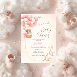bear and balloons for a baby girl's shower invitation