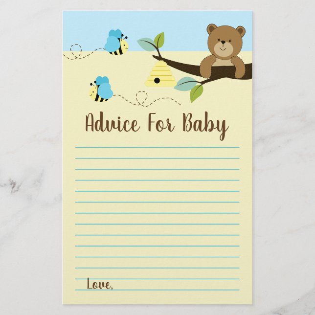 Bear and Bumble Bee Boy Baby Shower Advice Cards (Front)