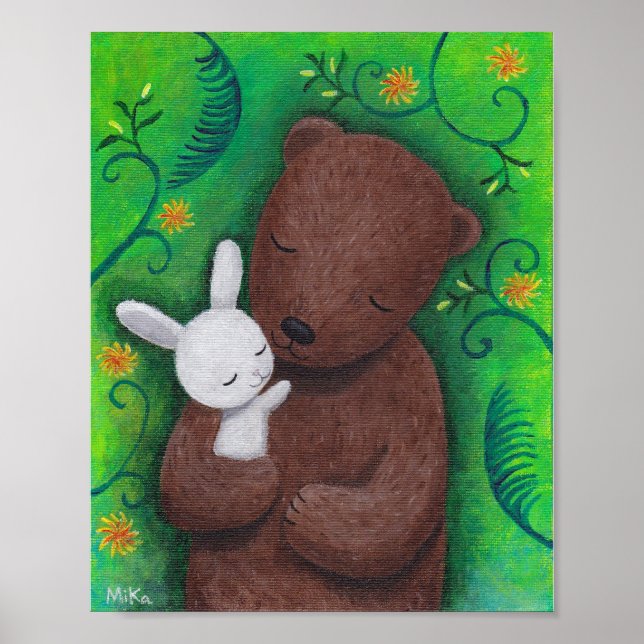 Bear and Bunny Art Poster Woodland Animal Wall Art (Front)