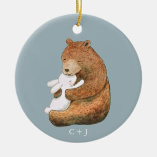 Bear and Bunny Couple Custom Anniversary Valentine Ceramic Ornament