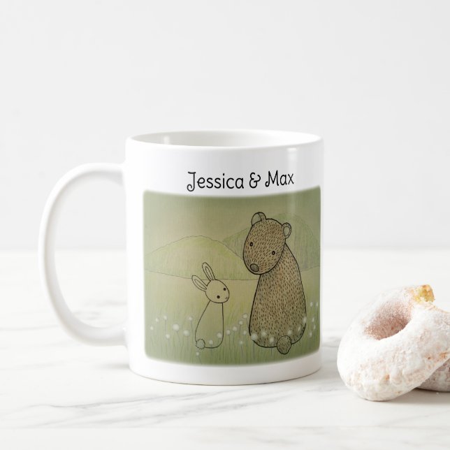 Bear and Bunny Couple Custom Name Gift Coffee Mug (With Donut)