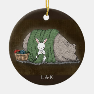 Bear and Bunny Couple Knitting Lover Custom name Ceramic Ornament