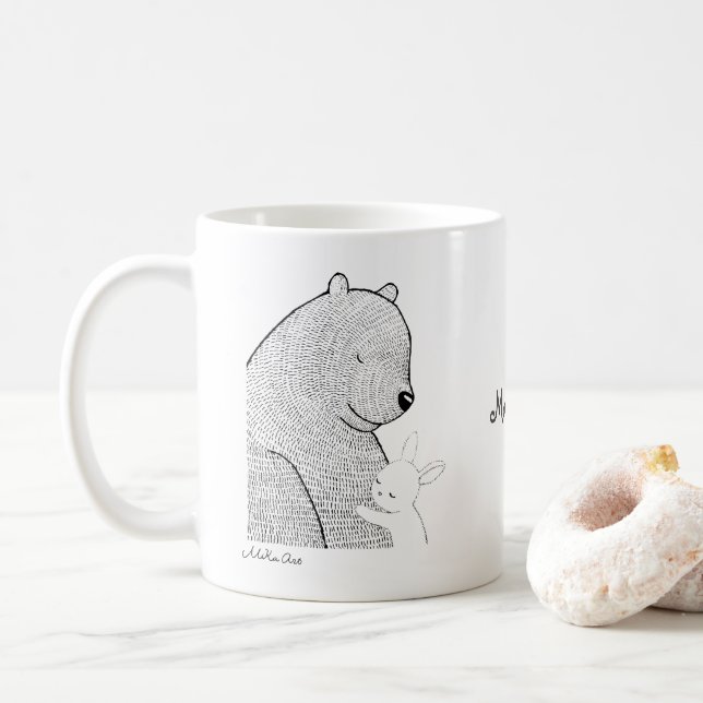 Bear and Bunny cuddling Cute Woodland Animals Coffee Mug (With Donut)
