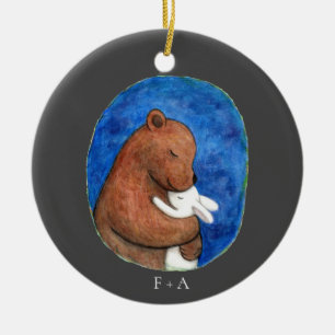 Bear and Bunny in embrace couple custom name Ceramic Ornament