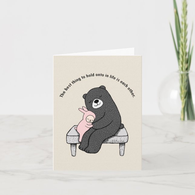 Bear and Bunny on a bench hugging Love Anniversary Card (Front)