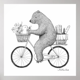 Bear and Bunny on the way to a picnic monochrome  Poster