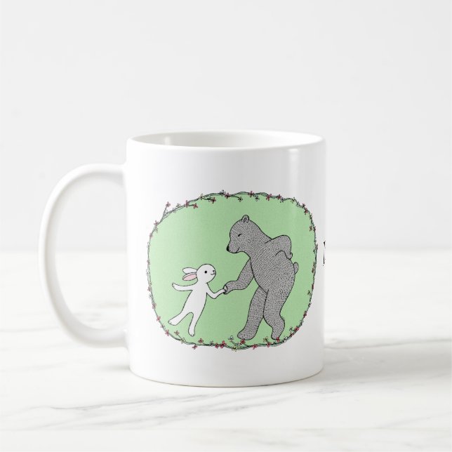 Bear and bunny rabbit dancing custom name  coffee mug (Left)