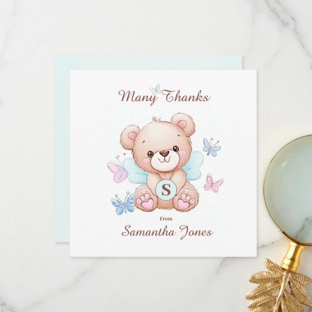 Bear and Butterflies Personalised Thank You Card (Front/Back In Situ)