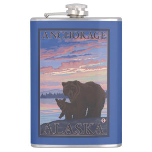Bear and Cub - Anchorage, Alaska Hip Flask