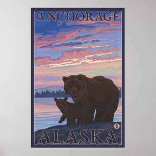 Bear and Cub - Anchorage, Alaska Poster
