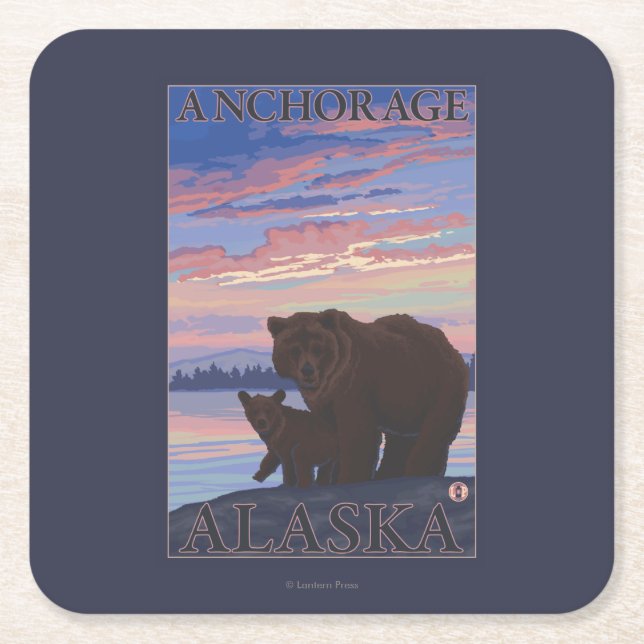 Bear and Cub - Anchorage, Alaska Square Paper Coaster (Front)
