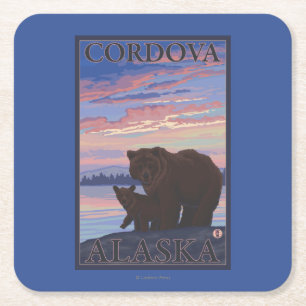 Bear and Cub - Cordova, Alaska Square Paper Coaster