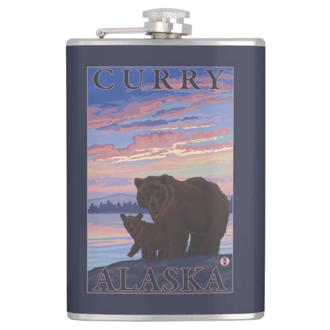 Bear and Cub - Curry, Alaska Hip Flask (Front)