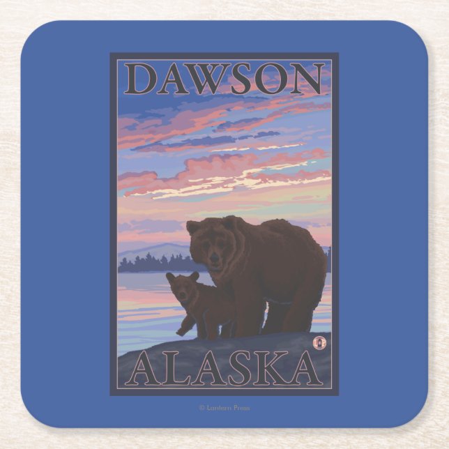 Bear and Cub - Dawson, Alaska Square Paper Coaster (Front)