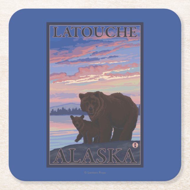 Bear and Cub - Latouche, Alaska Square Paper Coaster (Front)