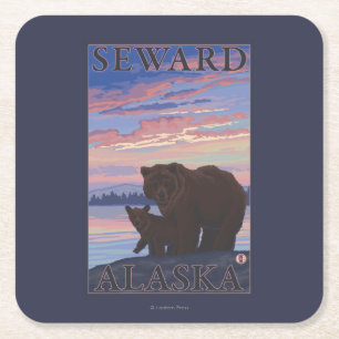 Bear and Cub - Seward, Alaska Square Paper Coaster
