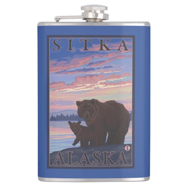 Bear and Cub - Sitka, Alaska Hip Flask (Front)