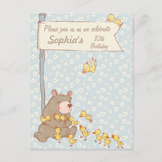 Bear and Ducklings Children Birthday Invitation (Front)