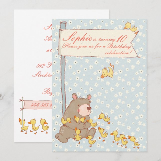 Bear and Ducklings Children Birthday Invitation (Front/Back)