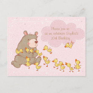 Bear and Ducklings Children Birthday Invitation Postcard