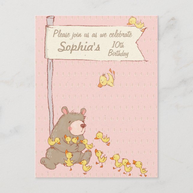 Bear and Ducklings Children Birthday Invitation Postcard (Front)