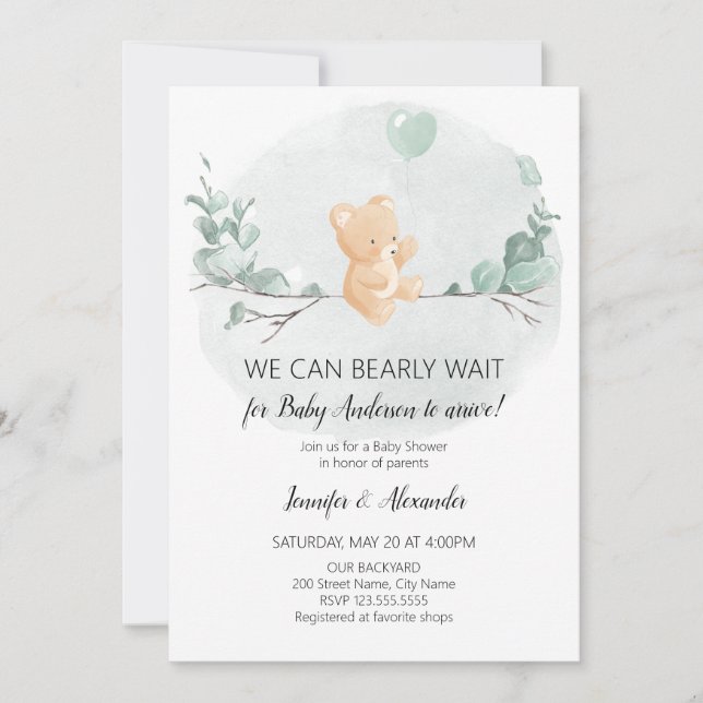 Bear and eucalyptus baby shower invitation (Front)