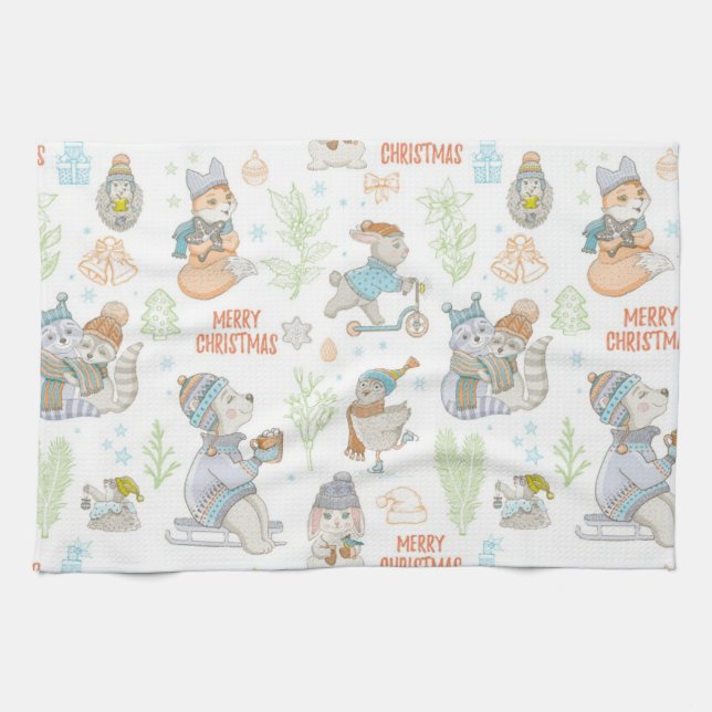 Bear And Friends Christmas Pattern Tea Towel (Horizontal)