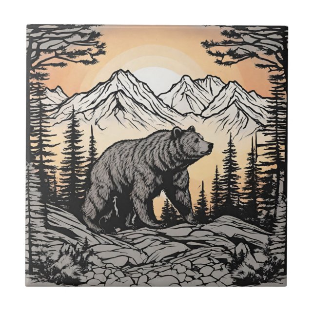Bear and Nature Mountain Landscape  Ceramic Tile (Front)